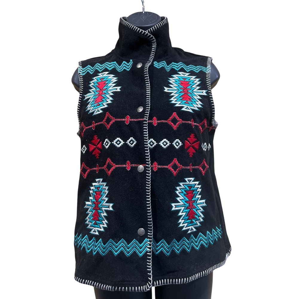 Outback Trading Company Fleece Vest Women S Black Santa Fe Aztec Embroidered